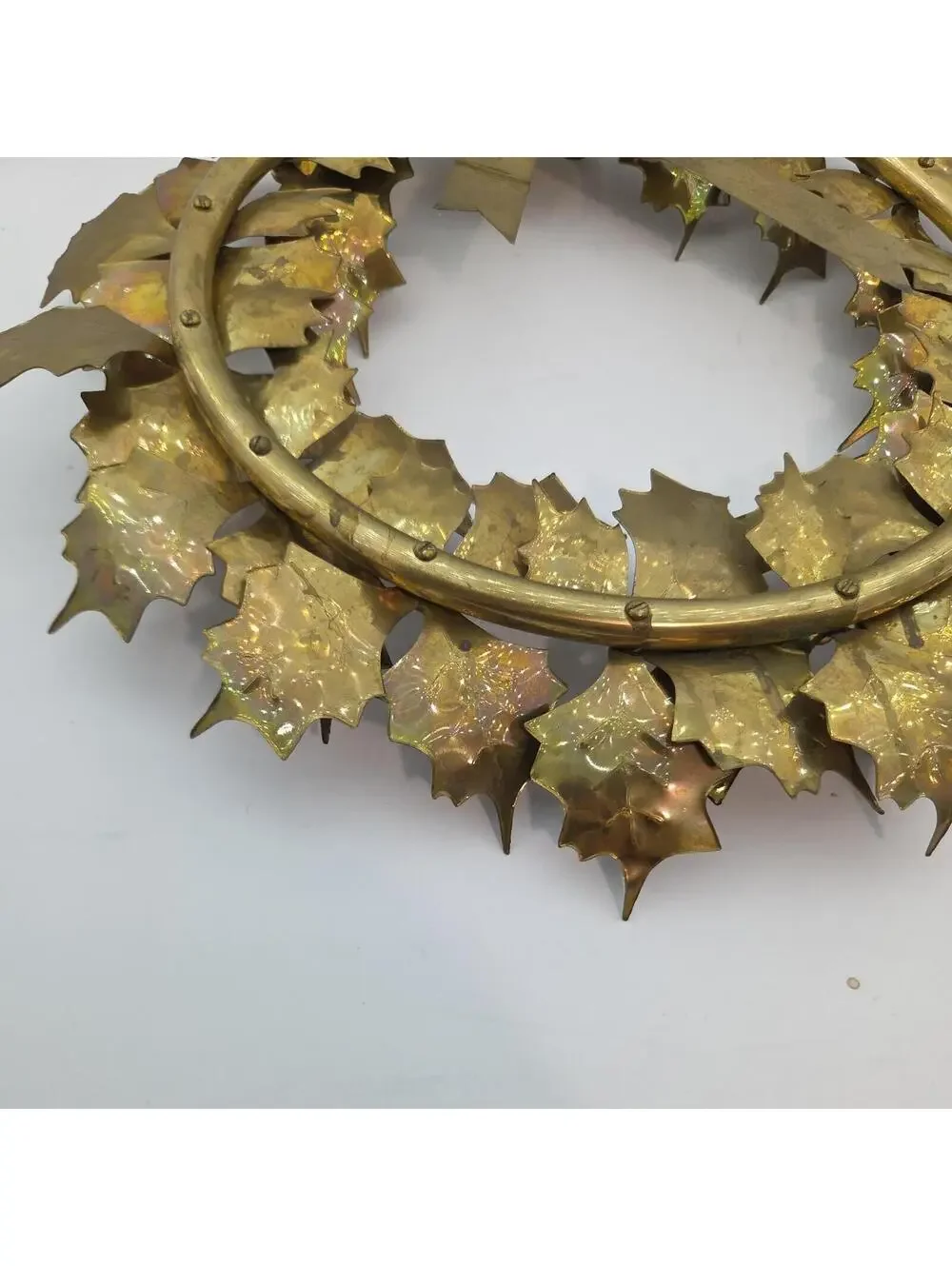 Vintage 1970s Solid Brass Christmas Wreath 15” Montgomery Ward Holly Decor